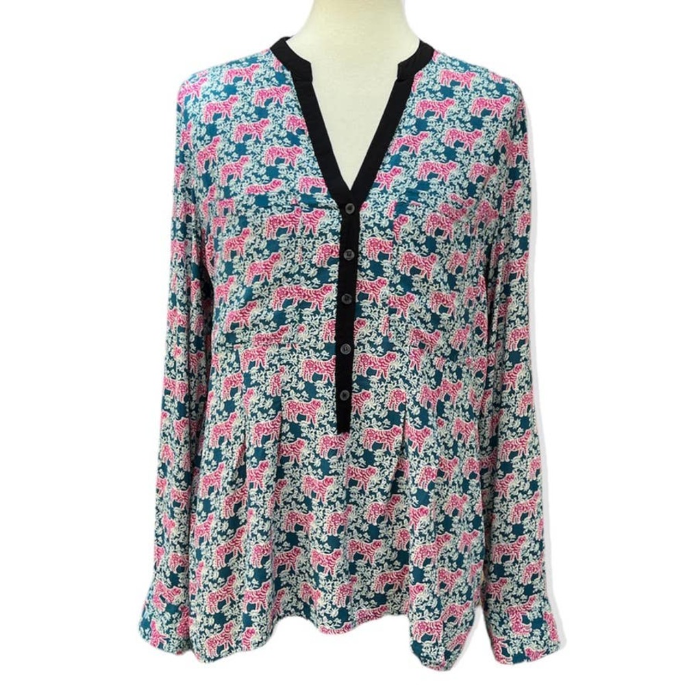 Anthro Vanessa Virginia Honore Tiger Print Long Sleeve V Neck Top Lightweight 14